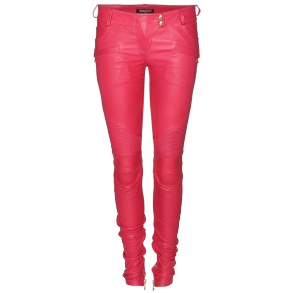 Balmain Pink Leather Moto Pants - Picture 1 of 9